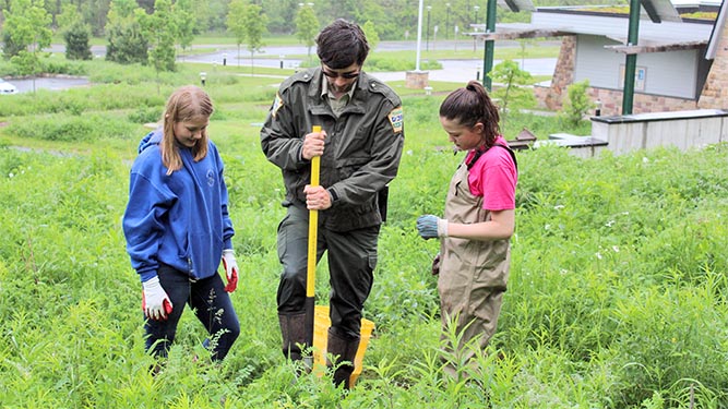 A person wearing a park staff uniform stands using a shovel inbetween two younger people outdoors in a field of grass.