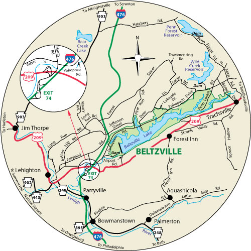 A circular map that shows the roads surrounding Beltzville State Park
