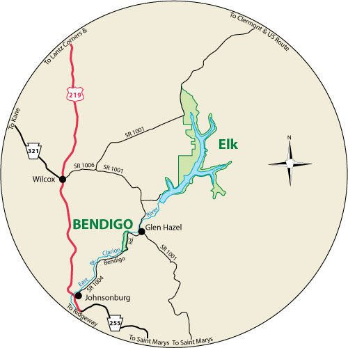 A circular map that shows the roads surrounding Bendigo State Park