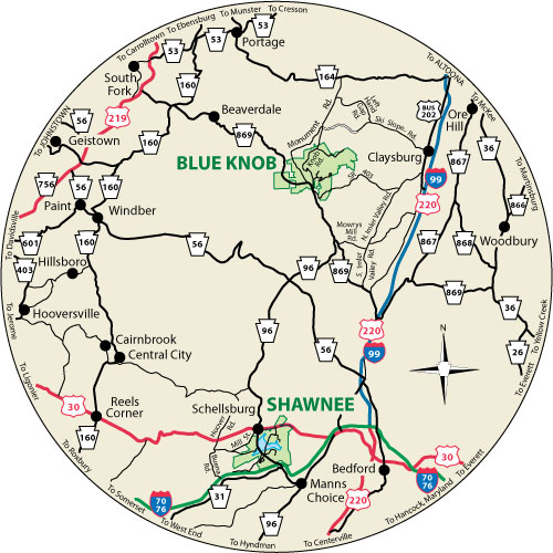 A circular map showing the roads surrounding Blue Knob State Park