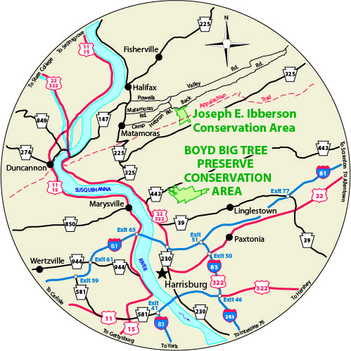 A circular map that shows the roads surrounding Boyd Big Tree Preserve Conservation Area