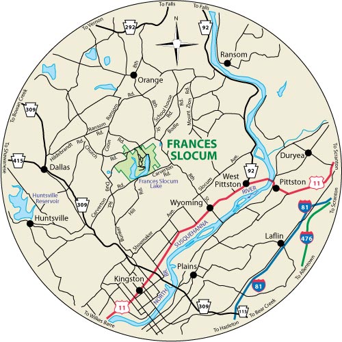 A circular map that shows the roads surrounding Frances Slocum State Park