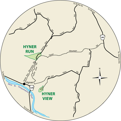 A circular map that shows the roads surrounding Hyner Run State Park