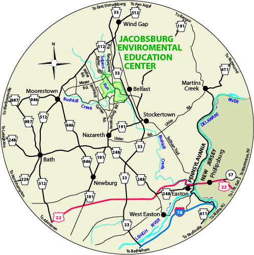 A circular map that shows the roads surrounding Jacobsburg Environmental Education Center
