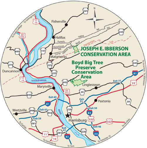 A circular map that shows the roads surrounding Joseph E. Ibberson Conservation Area