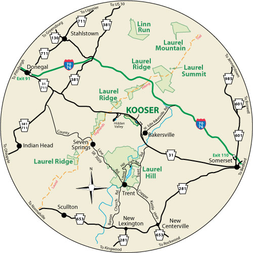 A circular map that shows the roads surrounding Kooser State Park