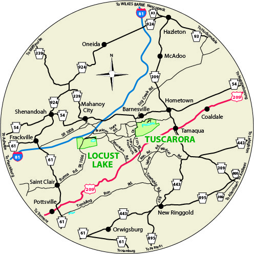 A circular map that shows the roads surrounding Locust Lake State Park