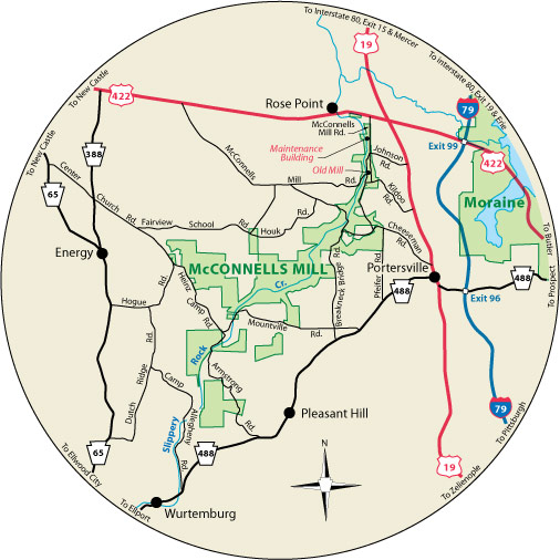 A circular map that shows the roads surrounding McConnells Mill State Park