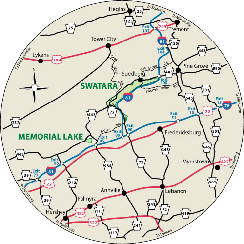 A circular map that shows the roads surrounding Memorial Lake State Park