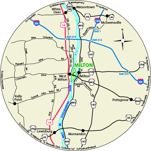 A circular map showing the roads surrounding Milton State Park