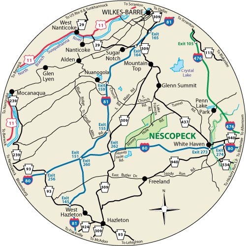 Circular map that shows the roads surrounding Nescopeck State Park