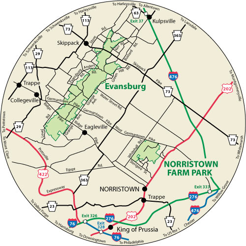 A circular map that shows the roads surrounding Norristown Farm Park