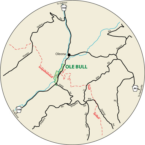 A circular map that shows the roads surrounding Ole Bull State Park