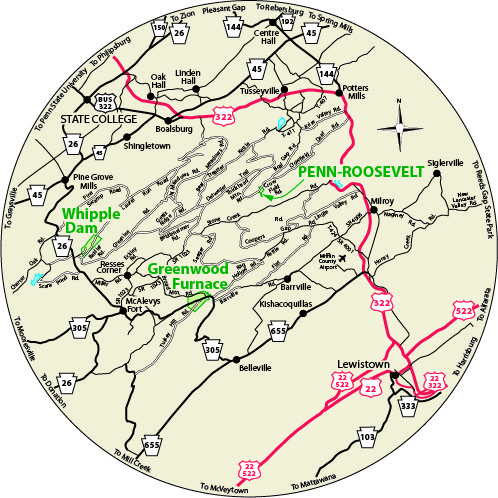 A circular map that shows the roads near Penn-Roosevelt State Park