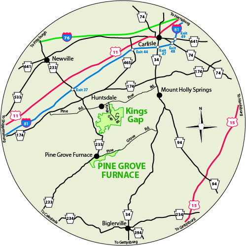 A circular map that shows the roads near Pine Grove Furnace State Park