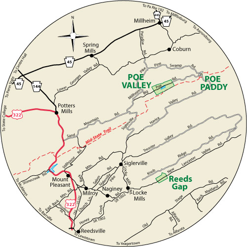 A circular map that shows the roads surrounding Poe Valley State Park