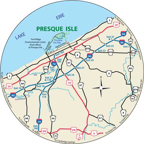 This circular map shows the roads near Presque Isle State Park, Pennsylvania.