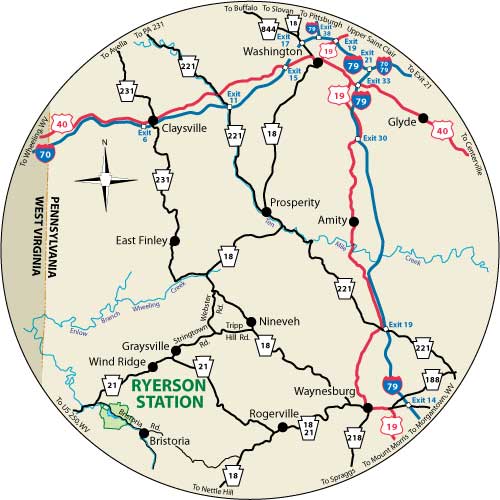 A circular map that shows the roads surrounding Ryerson Station State Park