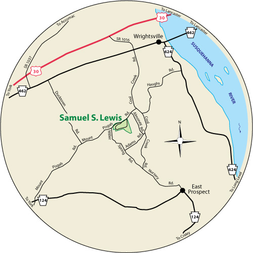 A circular map that shows the roads surrounding Samuel S. Lewis State Park