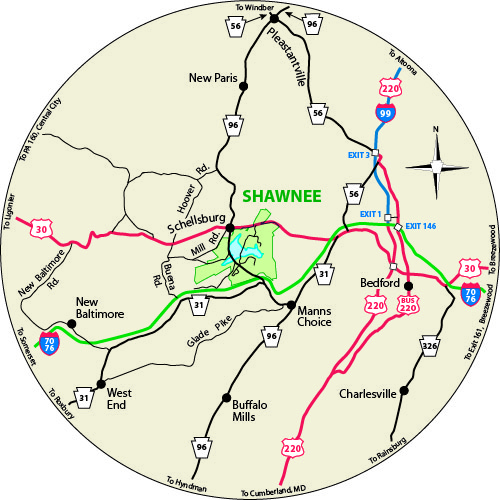 A circular map that shows the roads surrounding Shawnee State Park