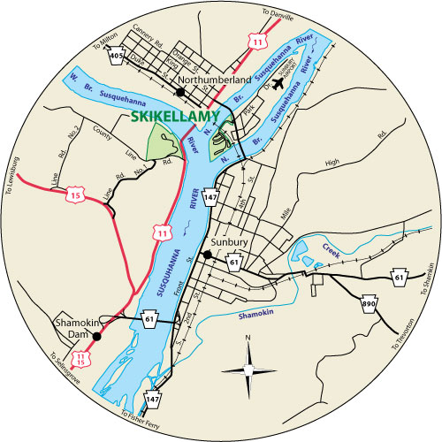 A circular map that shows the roads surrounding Shikellamy State Park