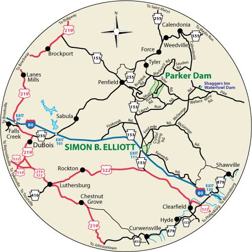 A circular map that shows the roads surrounding Simon B. Elliott State Park