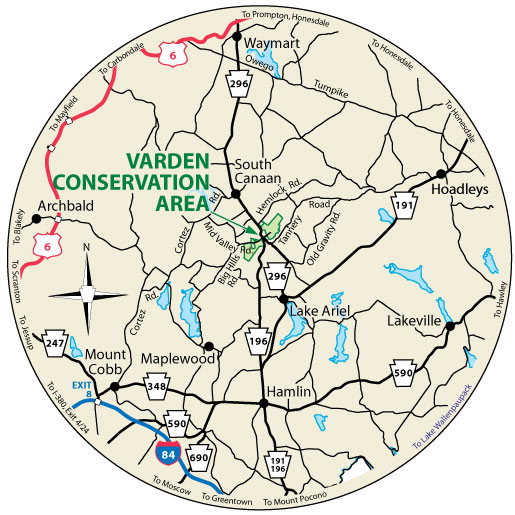 A circular map that shows the roads near the Varden Conservation Area.
