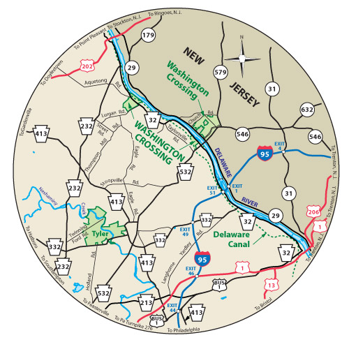 The circular map shows the roads near Washington Crossing Historic Park.