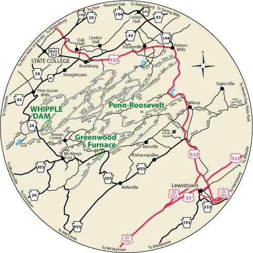 This circular map shows the roads near Whipple Dam State Park.