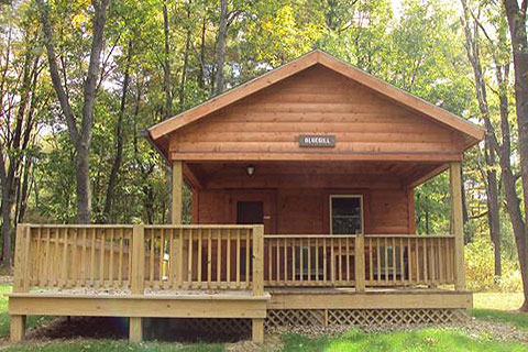 A cozy log cabin with a porch is near the forest at Bald Eagle State Park.