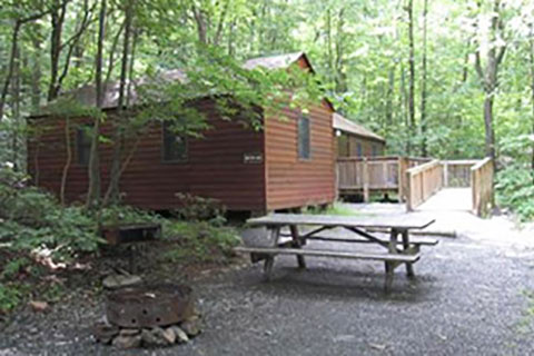 A modern cabin is in the forest at Blue Knob State Park.