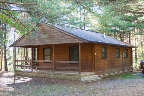 A modern log cabin is in the forest at Hills Creek State Park.