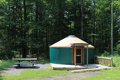 A round, canvas tent on a wooden platform is by a picnic table and the forest at Lackawanna State Park.