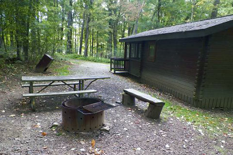 A fire ring and picnic table are near a log cabin at Laurel Hill State Park.