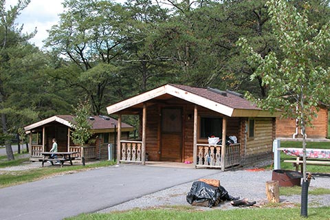 Cozy log cabins are in a campground at Little Pine State Park.