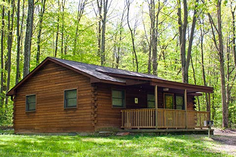 A modern log cabin is in the forest at Nockamixon State Park.