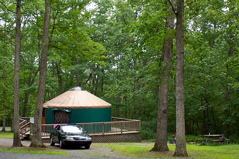 A car is parked in front of a round tent on a wooden platform near a forest.