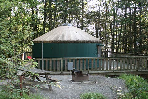 A round tent on a wooden platform is surrounded by forest at Tusacrora State Park.