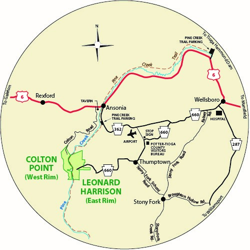 A circular map that shows the roads surrounding Colton Point State Park