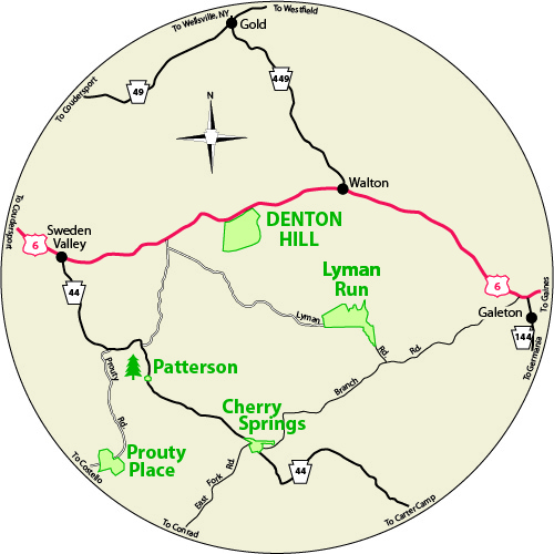 A circular map that shows the roads surrounding Denton Hill State Park