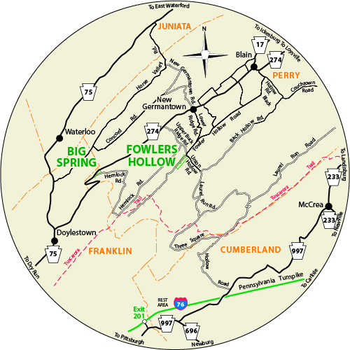 A circular map that shows the roads surrounding Fowlers Hollow State Park