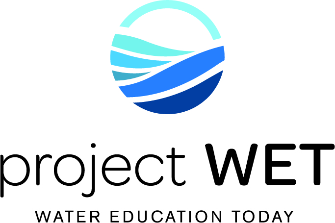 Round symbol with wave patterns. Text: Project WET. Water education today