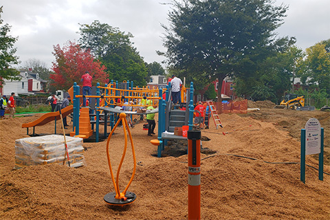 Outdoors, people, playground, equipment, building, nature, trees, mulch