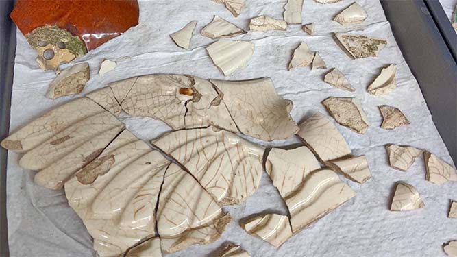 Shards of white glazed pottery lays on a metal surface.