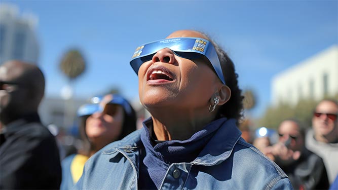 A woman stands outdoors to view a solar eclipse wearing viewing glasses, others in the background do the same.