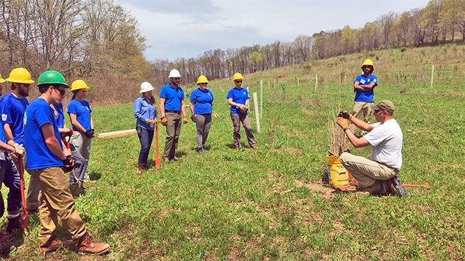 A group of young people stand in a grass field on a hill while a man stands and demonstrates how to plant tree seedlings.
