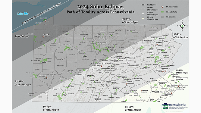 Map of Pennsylvania showing the path of totality of the solar eclipse.