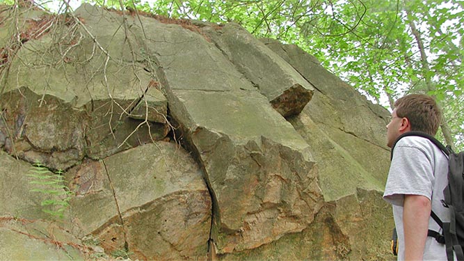 A person stands in a forest looking at a tall rock face split into long, rectangular sections.