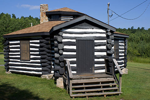 A log cabin with dark logs and white siding sits in a grassy clearing.