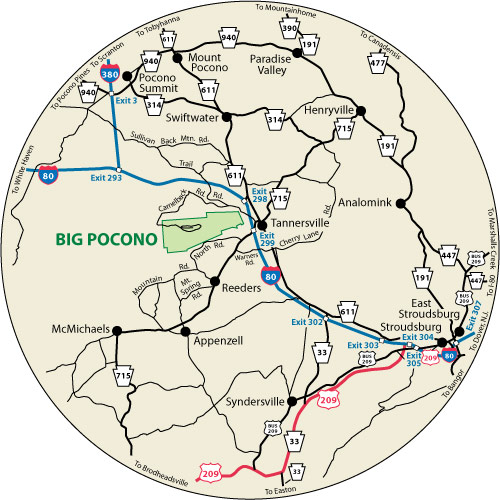 A circular map that shows the roads surrounding Big Pocono State Park